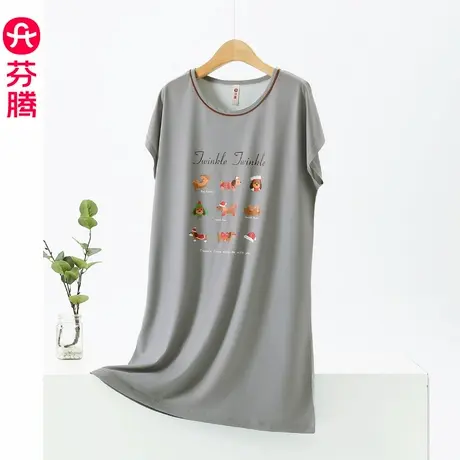 芬腾冰丝睡裙女士夏款短袖睡衣棉绸大码夏季凉感薄款夏天连衣裙子图片
