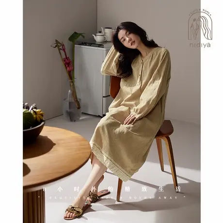 妮狄娅睡衣睡裙女秋季纯棉长袖法式复古中长裙春秋款可外穿家居服图片