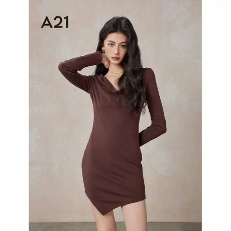 A21女装V领长袖A摆针织连衣裙春秋季不规则修身气质显瘦纯色裙子图片