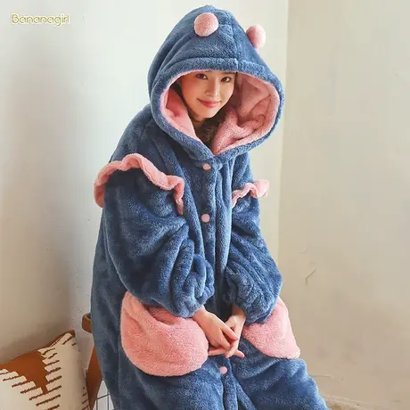 睡衣女冬珊瑚绒睡袍睡裙女睡衣韩版甜美可外穿家居服连帽加厚套装图片