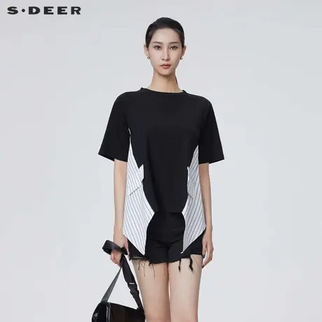 【好物体验专享】sdeer圣迪奥撞色条纹不规则短袖T恤S24280110商品大图