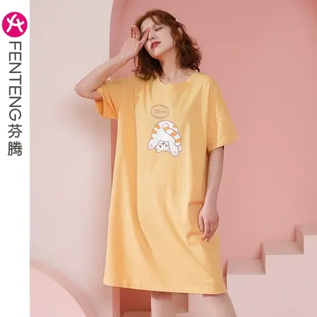 芬腾短袖睡裙女夏学生宽松纯棉睡衣薄款可爱全棉大码家居服连衣裙图片