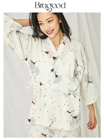 睡衣睡裤女夏季纯棉纱布和服春秋薄款日系家居服日式夏天浴袍白色图片