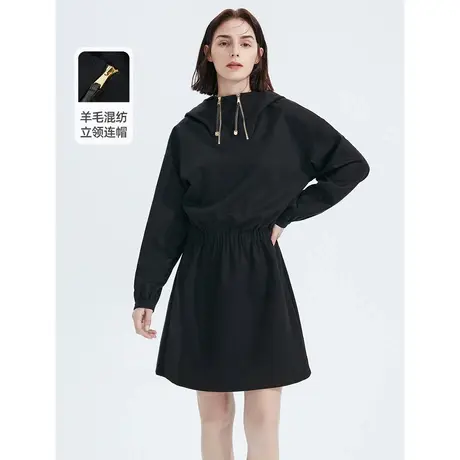 朗姿羊毛棉质高腰显瘦气质连帽高级感设计感女连衣裙冬季新款图片