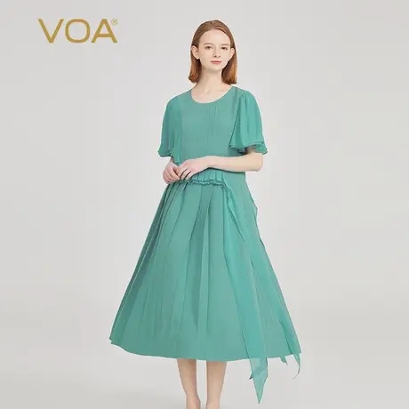 VOA41姆米无界重磅桑蚕丝圆领拼接乔其丝绸短袖风琴褶真丝连衣裙图片