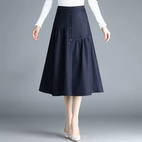 蓝色休闲裙半身裙女春季2023新款高腰显瘦中长a字裙大码气质半裙图片