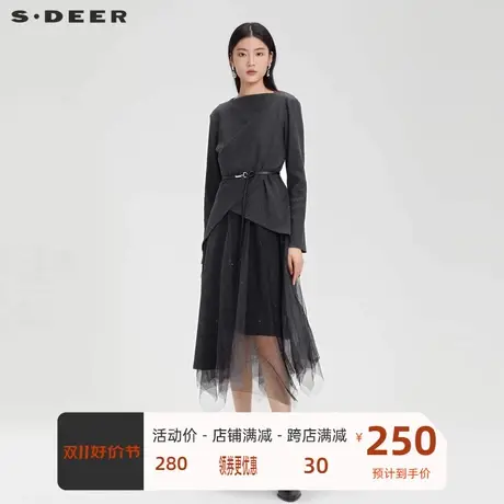 S·DEER圣迪奥女装网纱撞色针织吊带连衣裙套装S223Z1415图片