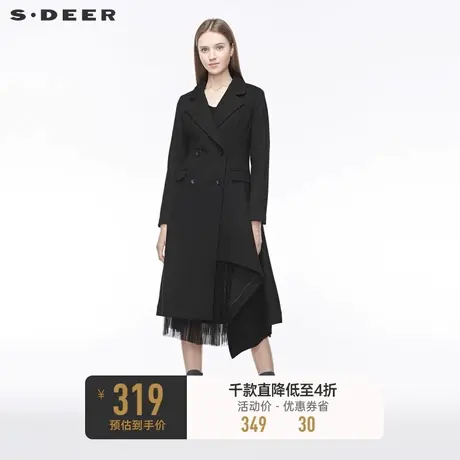 sdeer圣迪奥女装平驳领双排扣插袋不规则黑色毛呢大衣S19481857图片