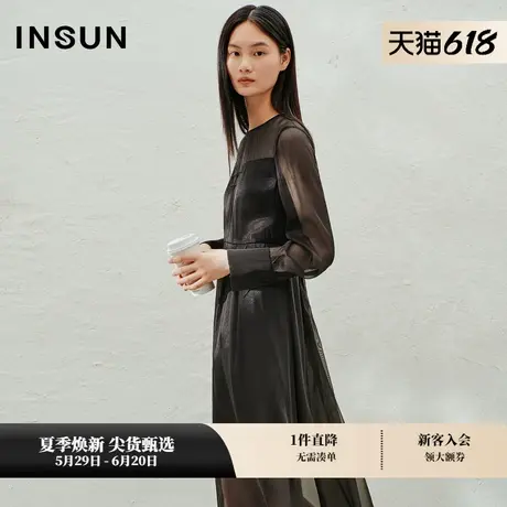 INSUN恩裳秋季假两件微透视裙子气质显身材连衣裙黑色图片
