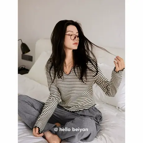 贝妍睡衣女春秋柔软莫代尔棉长袖家居服气质显瘦条纹运动短款套装图片