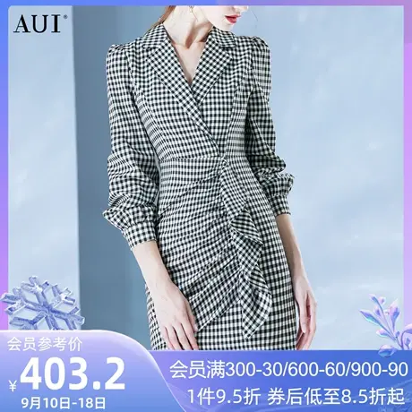 AUI复古格子西装翻领连衣裙女秋2023新款气质不规则荷叶边一步裙图片