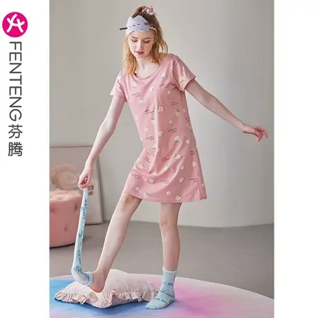 芬腾带胸垫睡裙女士卡通带杯垫睡衣夏季纯棉短袖薄款可外穿家居服图片