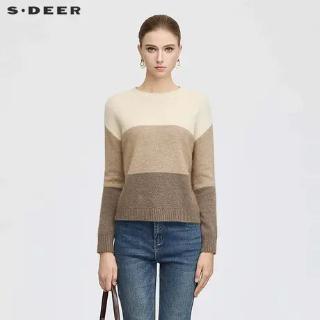 sdeer圣迪奥女装25年新品罗纹圆领撞色拼接宽松毛衣S25363505图片