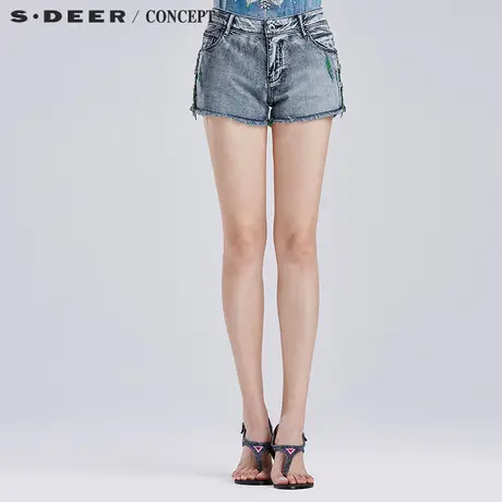 sdeer圣迪奥翠绿丝线串珠装饰休闲短裤S16280929商品大图