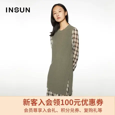 恩裳商场同款冬经典宽松中长款拼接羊毛针织格子假两件真丝连衣裙图片