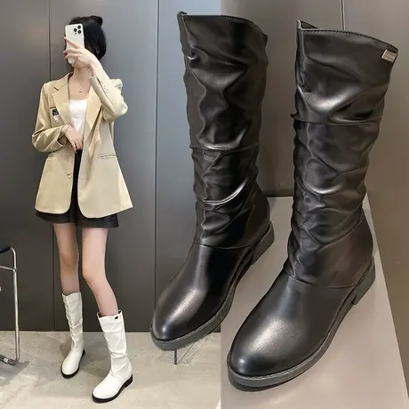 欧美褶皱高筒长靴女2023秋冬季新款时装堆堆靴时尚不过膝长筒靴子图片