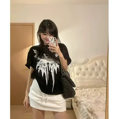 美式设计感印花短袖T恤女装夏季大码胖mm宽松显瘦高街上衣2-300斤图片