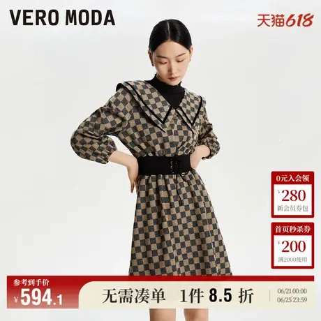 Vero Moda奥莱连衣裙春秋新款收腰翻领格纹七分袖复古时髦流行图片