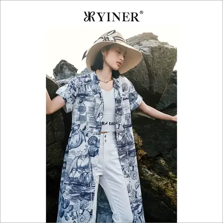 YINER音儿专柜女装2022夏季新款时髦印花西装裙单排扣v领连衣裙图片