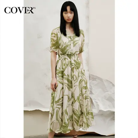 COVER夏季印花打揽收腰珍珠扣连衣裙图片