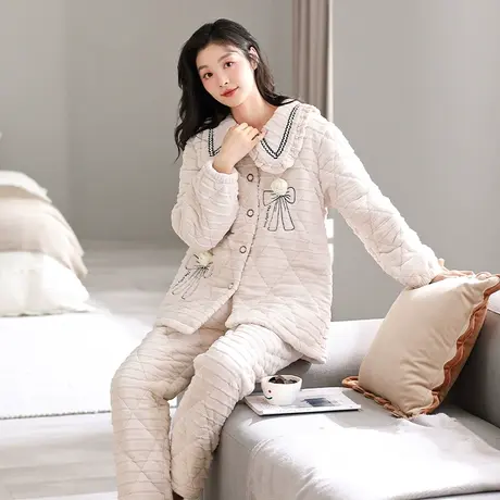 婷美珊瑚绒睡衣女士秋冬款开衫三层加绒加厚夹棉袄冬天家居服套装图片