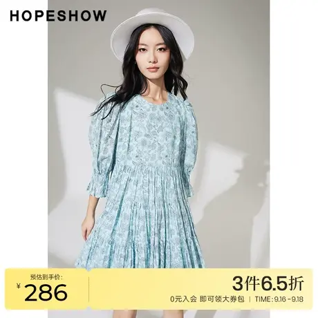 红袖outlets宫廷风连衣裙hopeshow2022夏款印花泡泡袖短裙高级感图片