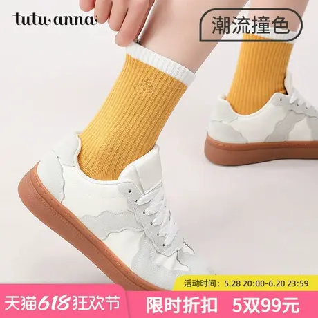 tutuanna春秋女士中筒袜 纯色运动风字母刺绣棉质透气百搭短袜女图片