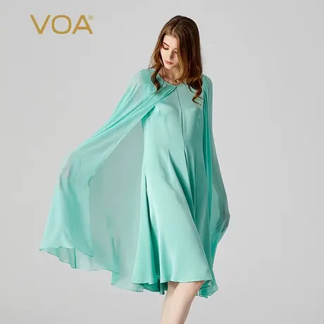 VOA桑蚕丝双面缎翠绿圆领拼接乔其长袖不对称设计原创真丝连衣裙图片