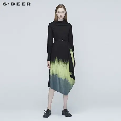 sdeer圣迪奥女装不规则撞色涂鸦晕染通勤收腰长袖连衣裙S20381211图片