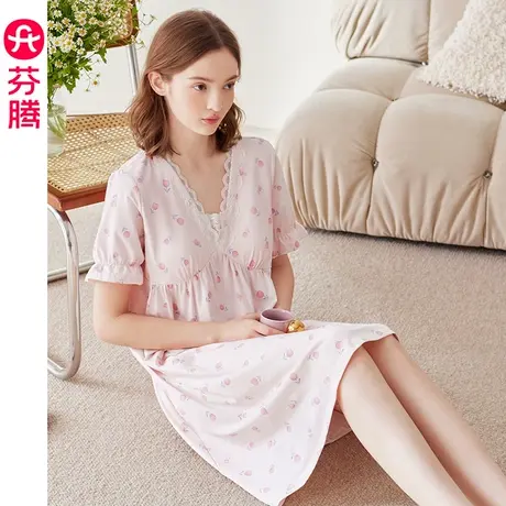 芬腾睡裙女带胸垫纯棉短袖夏季薄款睡衣裙休闲碎花甜美中裙家居服图片
