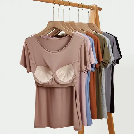 可外穿薄款带胸垫一体内衣夏季圆领短袖T恤居家服睡衣上衣单件女图片
