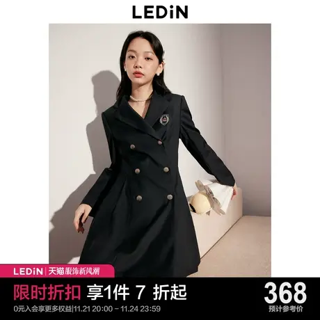 乐町学院风西装裙2023年秋季新品学院徽章百褶裙复古黑色长袖裙图片