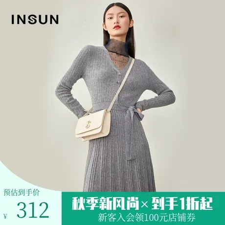 恩裳冬季经典条纹收腰百褶中长款v领针织羊毛羊绒连衣裙图片