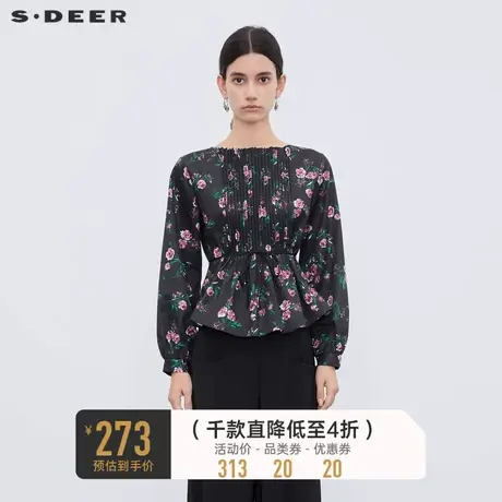 sdeer圣迪奥女装圆领风琴褶收腰碎花长袖衬衫S233Z0576商品大图