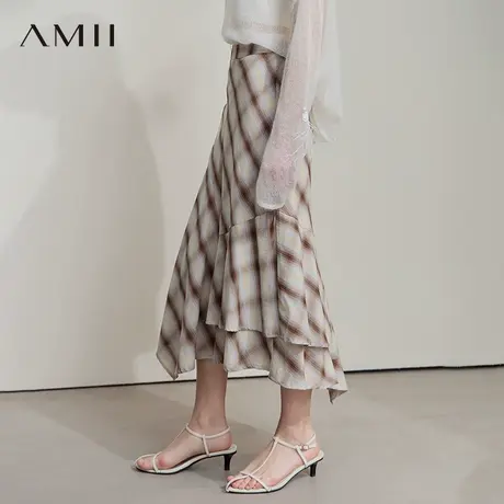 AMII【法式优雅】2025秋季不规则荷叶边半身裙A字中长格子半裙图片