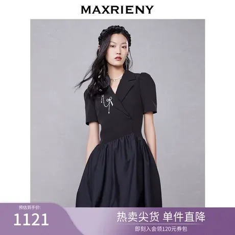 MAXRIENY蝴蝶结西装短裙夏季泡泡袖连衣裙小黑裙图片