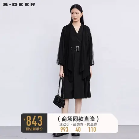 sdeer圣迪奥女装时尚网纱收腰外套连衣裙套装S223Z1454图片