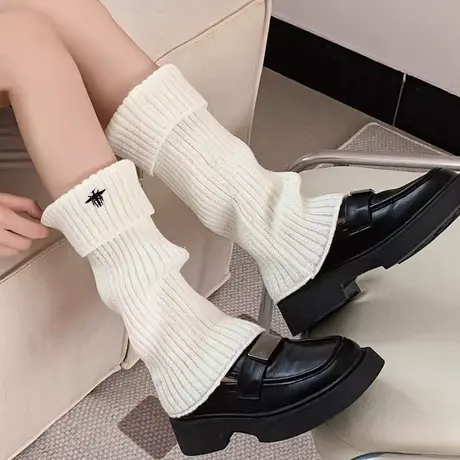 白色堆堆袜套女秋冬季厚实针织保暖护腿脚套长筒护脚踝微喇学院风图片