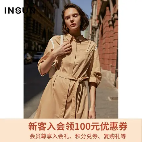 恩裳夏季时尚翻领衬衫式落肩袖系带收腰棉质气质连衣裙图片