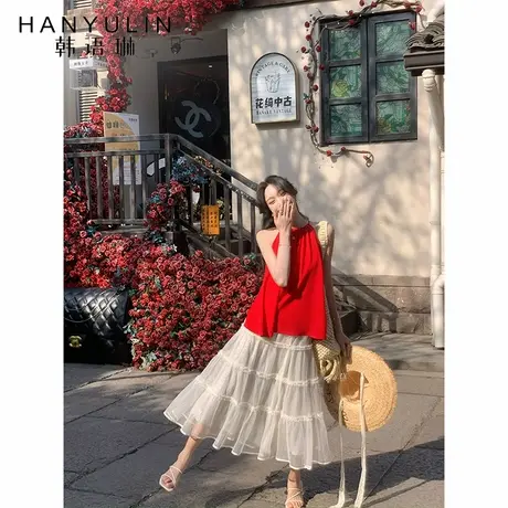 【韩语琳 新品限时9折】白色网纱蛋糕裙女韩系坠垂感高腰半身长裙图片