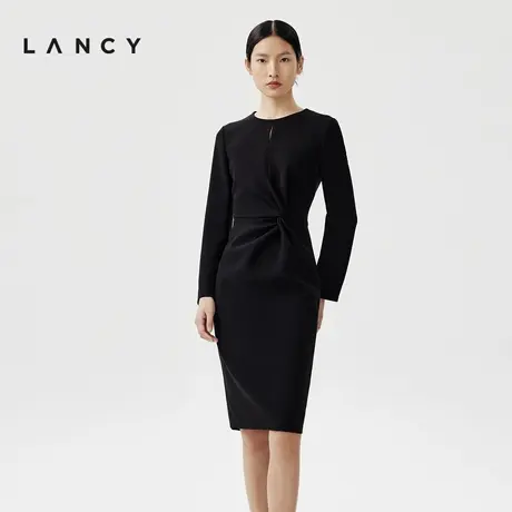 LANCY/朗姿春季新款黑色抽褶醋酸连衣裙女气质修身中长款裙子图片