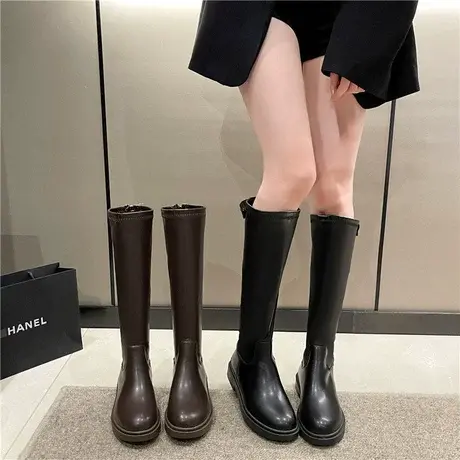 永希长筒靴女2023春秋季新款法式高级复古显瘦时装靴子粗跟骑士靴商品大图