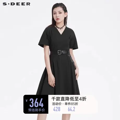 sdeer圣迪奥女装V领裙子质感高级感长裙短袖黑色连衣裙S22261228图片