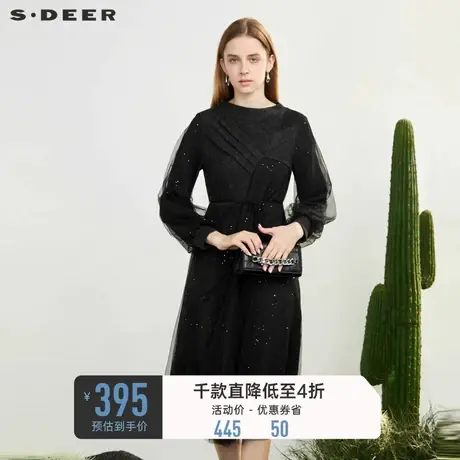 sdeer圣迪奥女装圆领拼接网纱收腰灯笼袖连衣裙S231Z1204图片