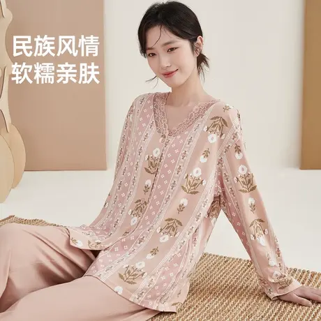 顶瓜瓜民族风印花家居服顶呱呱开襟V领鸣夏蒲公英女士长袖套装图片