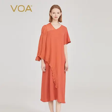 VOA脏橘色60姆米重磅长空桑蚕丝V领不对称短袖宽松款真丝连衣裙图片