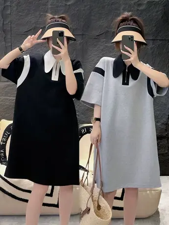 半拉链Polo领中长款女短袖连衣裙尖领A字裙纯色春夏季直筒裙子潮图片