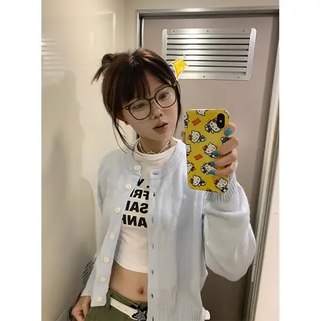 奶系穿搭早秋针织衫女春秋季慵懒风软糯毛衣奶里奶气上衣开衫外套图片