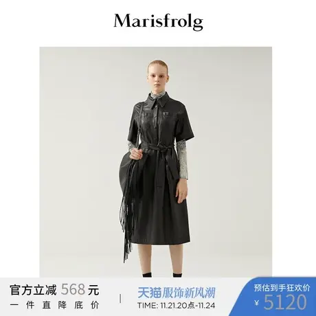 【商场同款】玛丝菲尔春季新款黑色山羊皮连衣裙裙子收腰显瘦图片