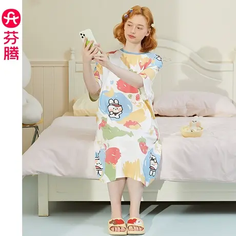 芬腾布朗熊睡裙女夏季纯棉薄款短袖睡衣少女可爱卡通甜美风家居服图片
